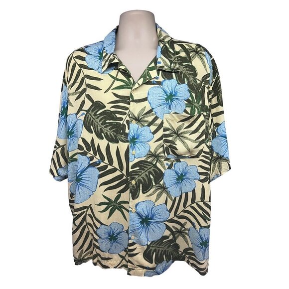 Mens Vintage Yellow Floral Hawaiian Aloha All Over Print Button Shirt 2XL Pocket